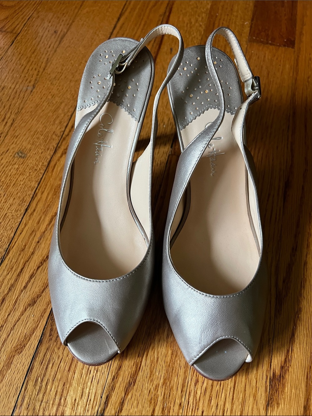 Cole Haan Pewter Peep-Toe Slingback Heels